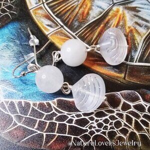 Beach Wedding? Chunky White Agate + Pressed Glass Clam Shell Dangle Earrings